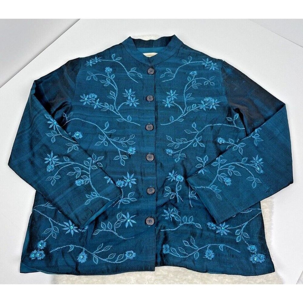 Vintage Coldwater Creek Womens Jacket XL Blue Silk Embroidered Floral Blazer